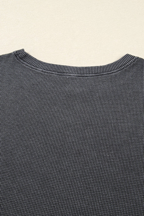 Waffle Knit Drop Shoulder Wide Crewneck Banded Hem Loose Fit Top